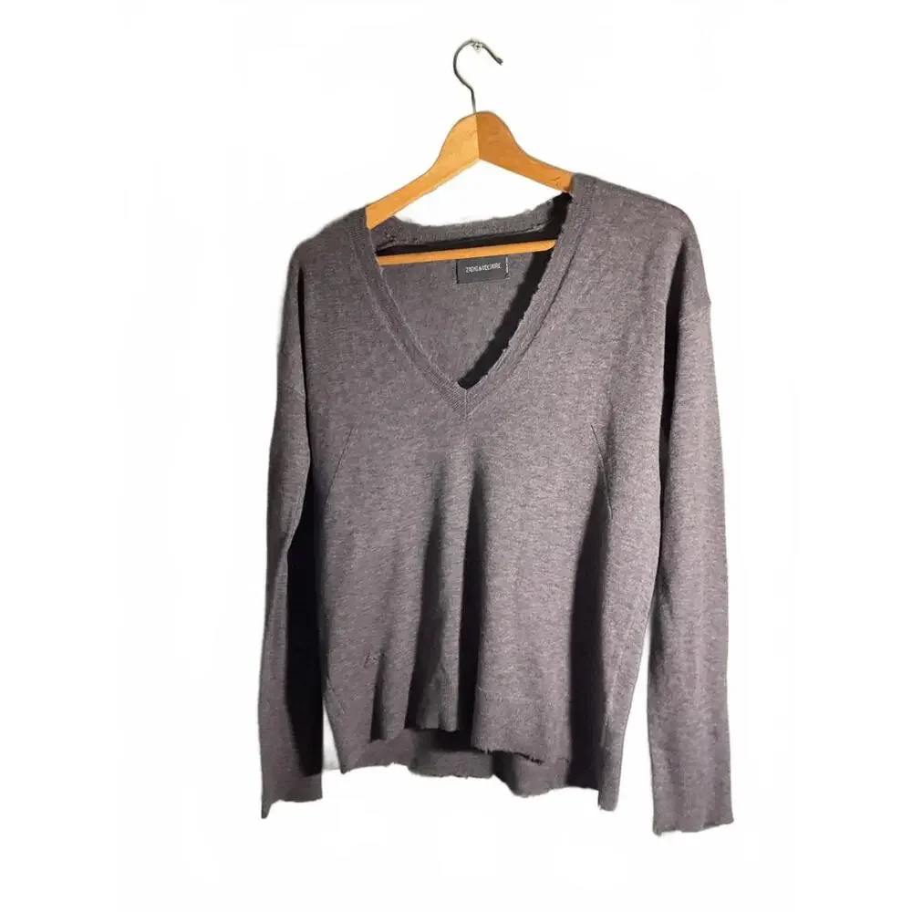 Zadig & Voltaire Women's Gray Angel Wing Cashmere V-Neck Sweater Medium - Picture 2 of 12